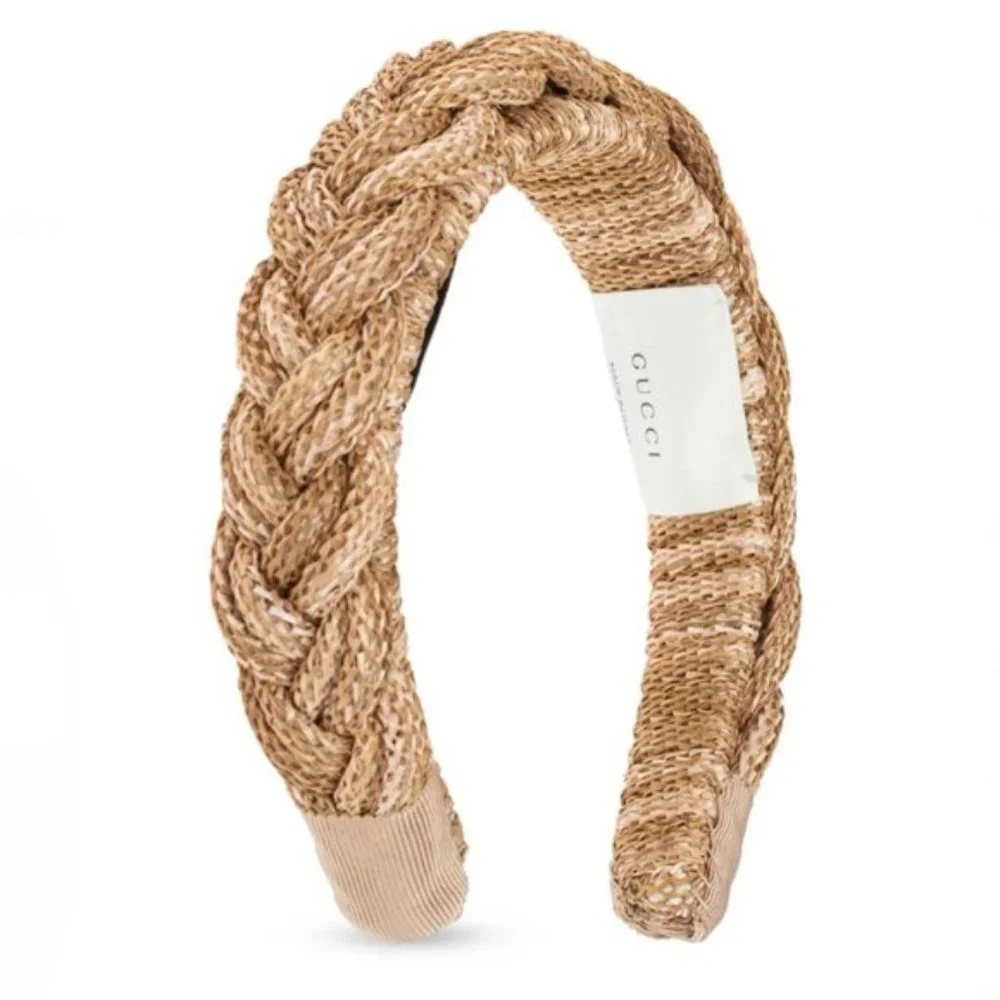 Gucci Braided Straw Rattan Headband GG Logo In Light Brown - Picture 6 of 11